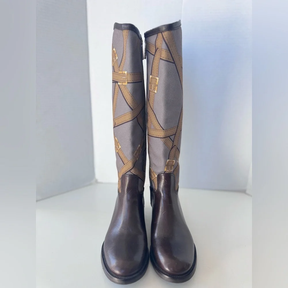 Tory Burch Felix Leather Canvas Tall Zip Equestrian Riding Boot Women’s Size 5